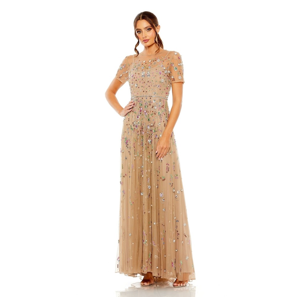 Mac Duggal 93924 Women Nude Multi Color Beaded Sequin Mesh Gown Formal Dress 14